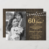 60th Anniversary with Photo - Rustic Wood Gold Invitation (Front/Back)