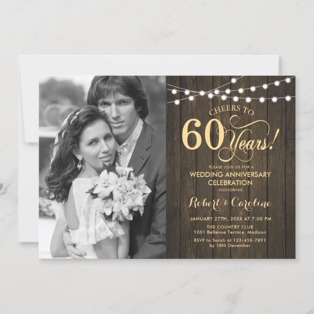 60th Anniversary with Photo - Rustic Wood Gold Invitation (Front)