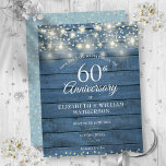 60th Anniversary Wood String Lights Save the Date Announcement Postcard<br><div class="desc">Featuring pretty string lights and delicate love hearts confetti on a blue rustic wood background. Personalize with your special sixty years diamond anniversary save the date information in chic lettering. Designed by Thisisnotme©</div>