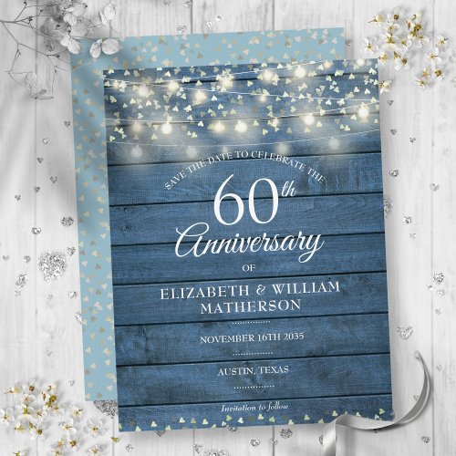 60th Anniversary Wood String Lights Save the Date Announcement Postcard