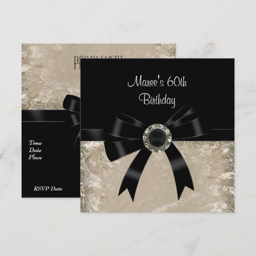 60th Antique Paper Black Diamond Jewel Bow Personalized Invitations