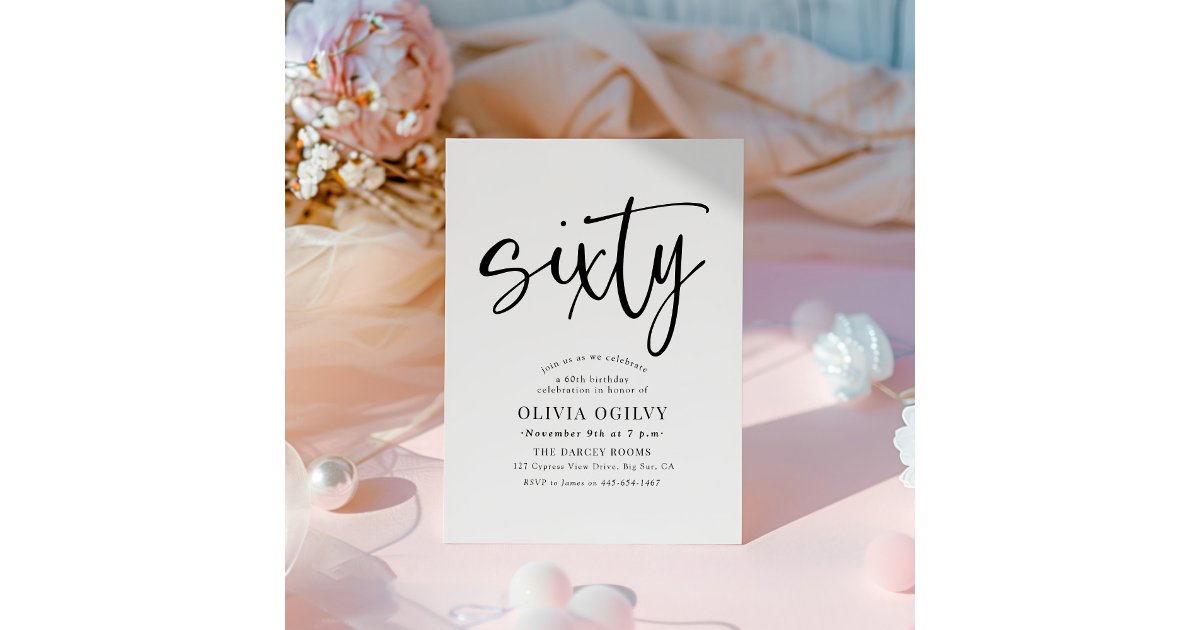60th B&W Birthday Party Modern Script Typography Invitation | Zazzle