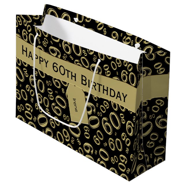 60th Biirthday Random Number Pattern Black//Gold Large Gift Bag (Front Angled)