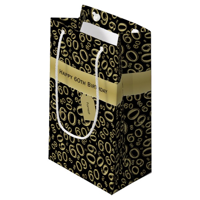 60th Biirthday Random Number Pattern Black//Gold Small Gift Bag (Front Angled)