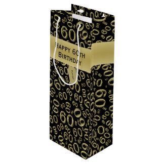 60th Biirthday Random Number Pattern Black//Gold Wine Gift Bag