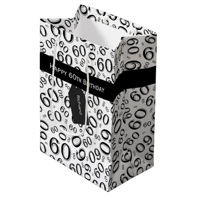 60th Biirthday Random Number Pattern Black/White Medium Gift Bag (Front Angled)