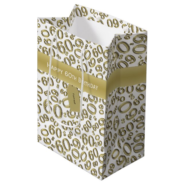 60th Biirthday Random Number Pattern Gold/White Medium Gift Bag (Front Angled)