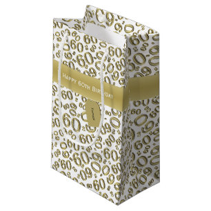 60th Biirthday Random Number Pattern Gold/White Small Gift Bag