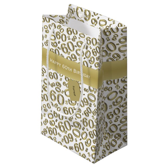 60th Biirthday Random Number Pattern Gold/White Small Gift Bag (Front Angled)
