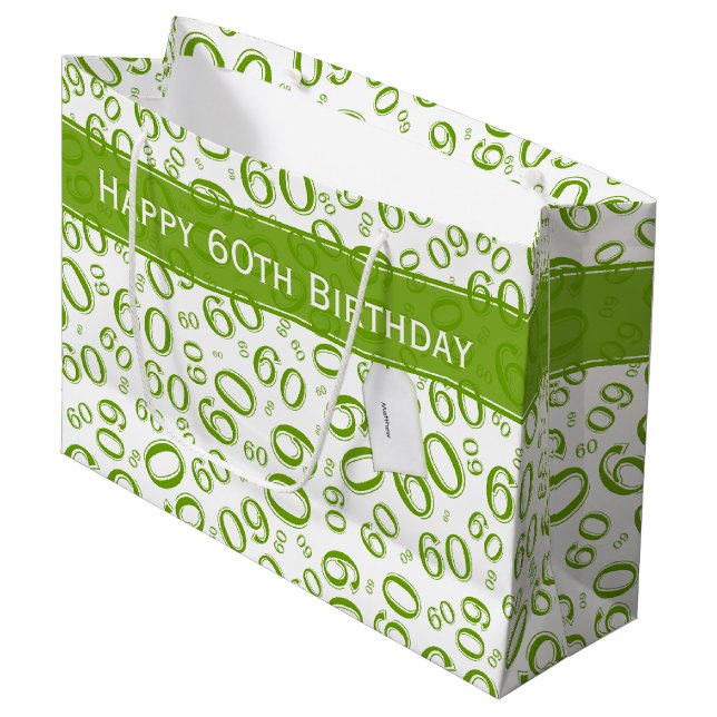60th Biirthday Random Number Pattern Green/White Large Gift Bag (Front Angled)