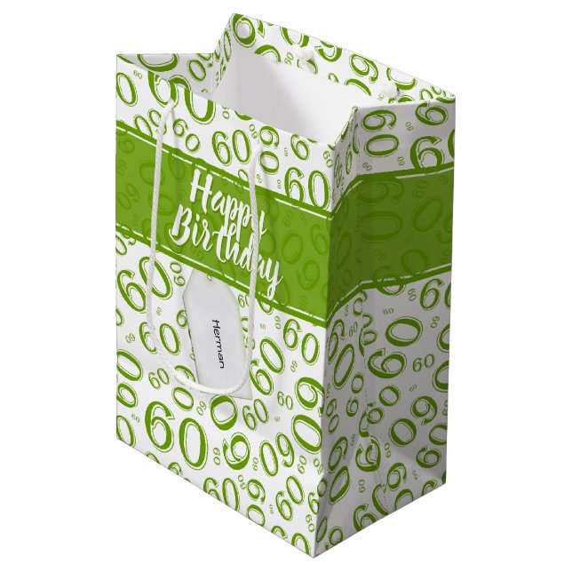 60th Biirthday Random Number Pattern Green/White Medium Gift Bag (Front Angled)