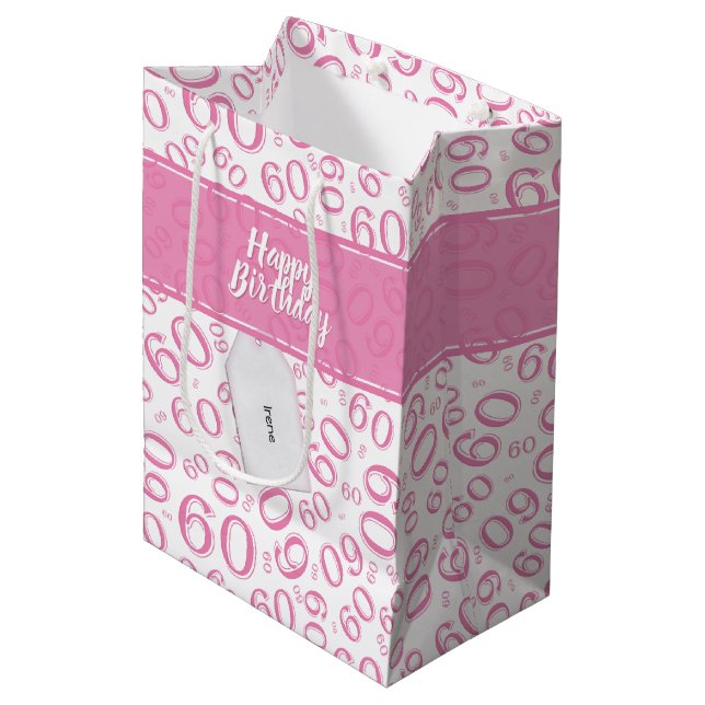 60th Biirthday Random Number Pattern Pink/White Medium Gift Bag (Front Angled)
