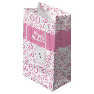 60th Biirthday Random Number Pattern Pink/White Small Gift Bag