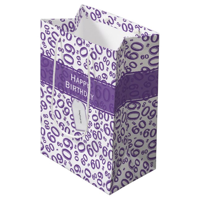 60th Biirthday Random Number Pattern Purple/White Medium Gift Bag (Front Angled)