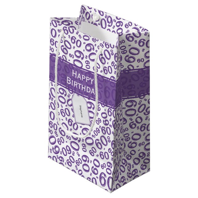 60th Biirthday Random Number Pattern Purple/White Small Gift Bag (Front Angled)