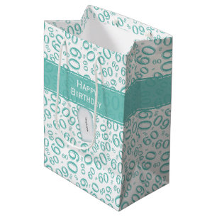 60th Biirthday Random Number Pattern Teal/White Medium Gift Bag