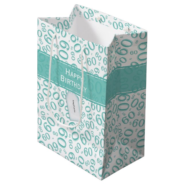60th Biirthday Random Number Pattern Teal/White Medium Gift Bag (Front Angled)