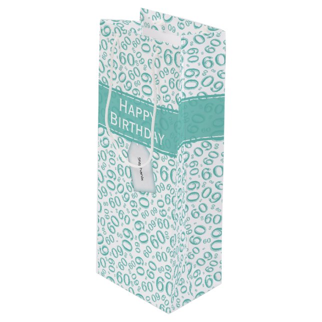 60th Biirthday Random Number Pattern Teal/White Wine Gift Bag (Front Angled)