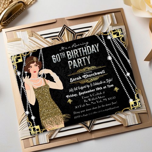 60th Birthday 1920s Gatsby Flapper Girl Birthday   Invitation