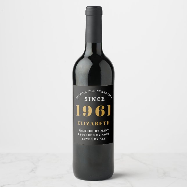 60th Birthday 1961 Black Gold lady's Personalized Wine Label (Front)