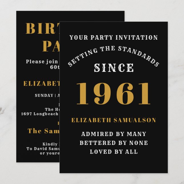 60th Birthday 1961 Black Gold Personalized For Her Invitation (Front/Back)