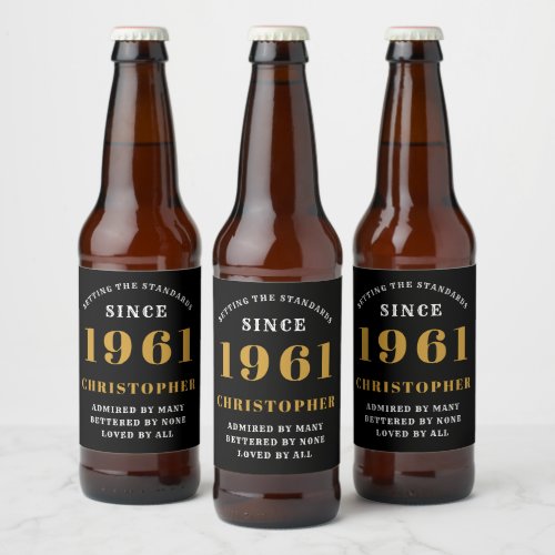 60th Birthday 1961 Black Gold Retro Personalized Beer Bottle Label