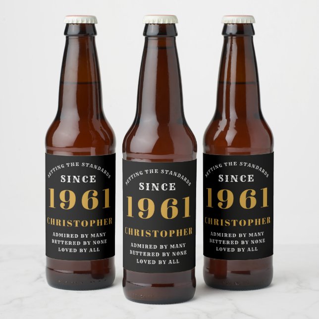 60th Birthday 1961 Black Gold Retro Personalized Beer Bottle Label (Bottles)