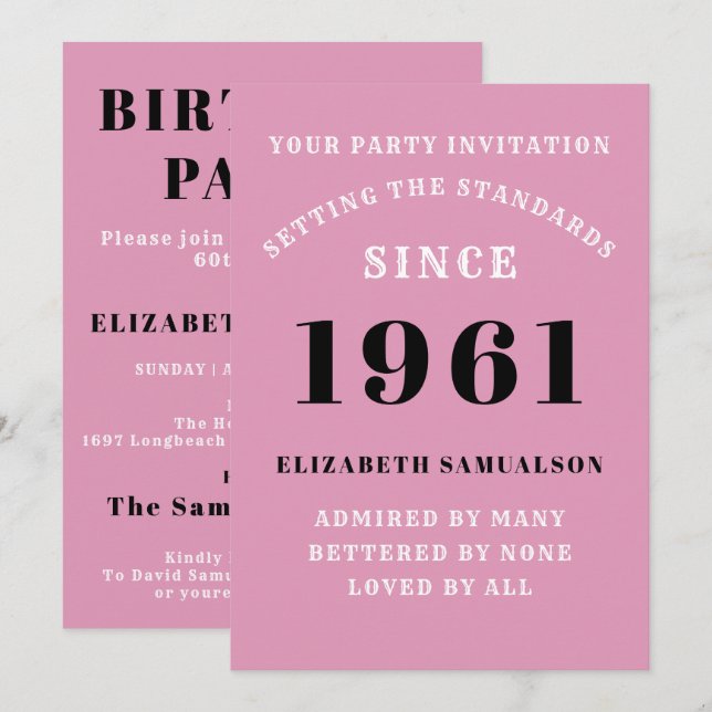 60th Birthday 1961 Black Pink Personalized For Her Invitation (Front/Back)
