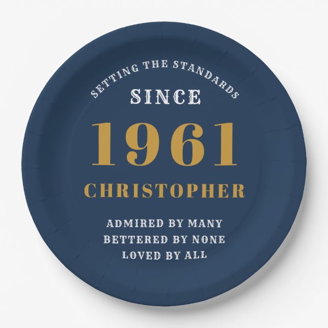 60th Birthday 1961 Blue Gold For Him Personalized Paper Plates (Front)