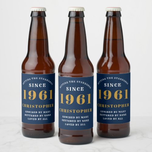 60th Birthday 1961 Blue Gold Retro Personalized Beer Bottle Label