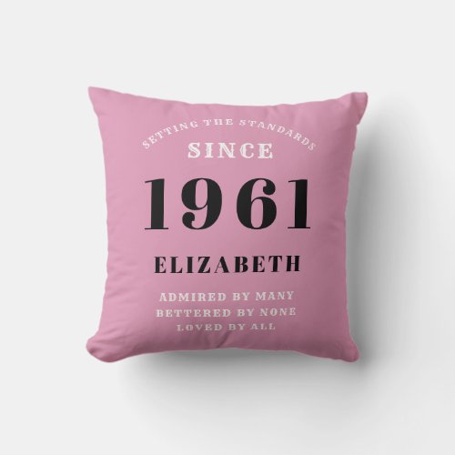 60th Birthday 1961 Pink Black Girly Personalized Throw Pillow
