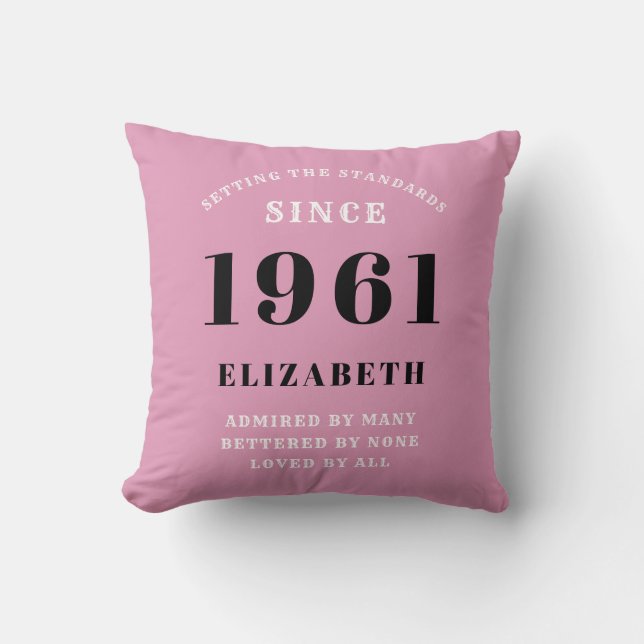 60th Birthday 1961 Pink Black Girly Personalized Throw Pillow (Front)