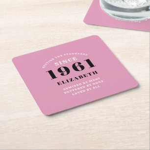 60th Birthday 1961 Pink Black lady's Personalized Square Paper Coaster