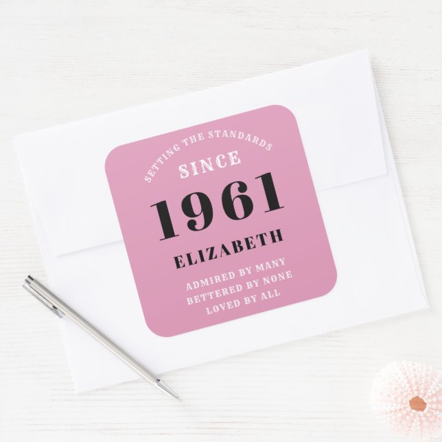 60th Birthday 1961 Pink Black lady's Personalized Square Sticker (Envelope)