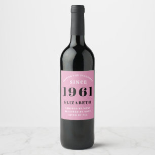 60th Birthday 1961 Pink Black lady's Personalized Wine Label