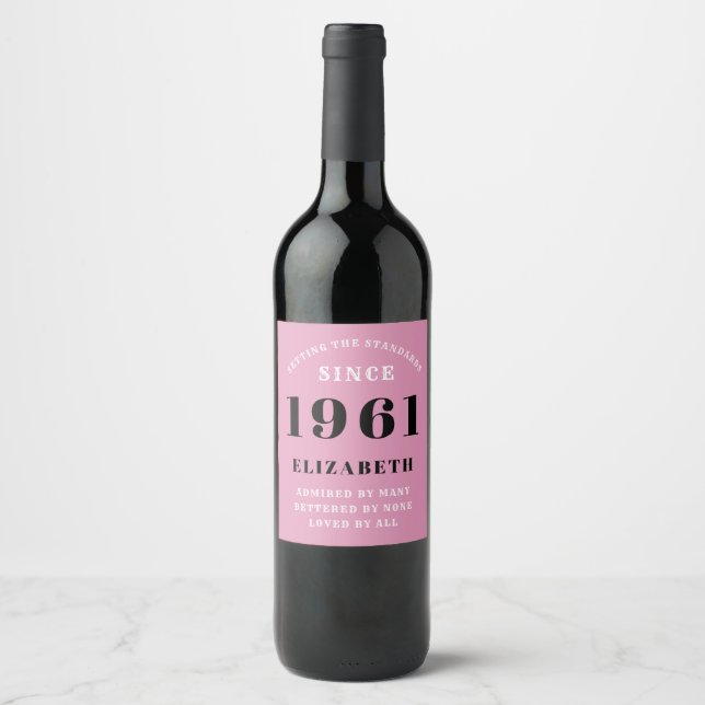 60th Birthday 1961 Pink Black lady's Personalized Wine Label (Front)