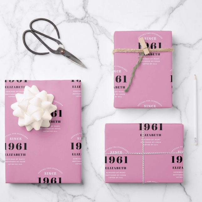 60th Birthday 1961 Pink Black lady's Personalized Wrapping Paper Sheets (Front)