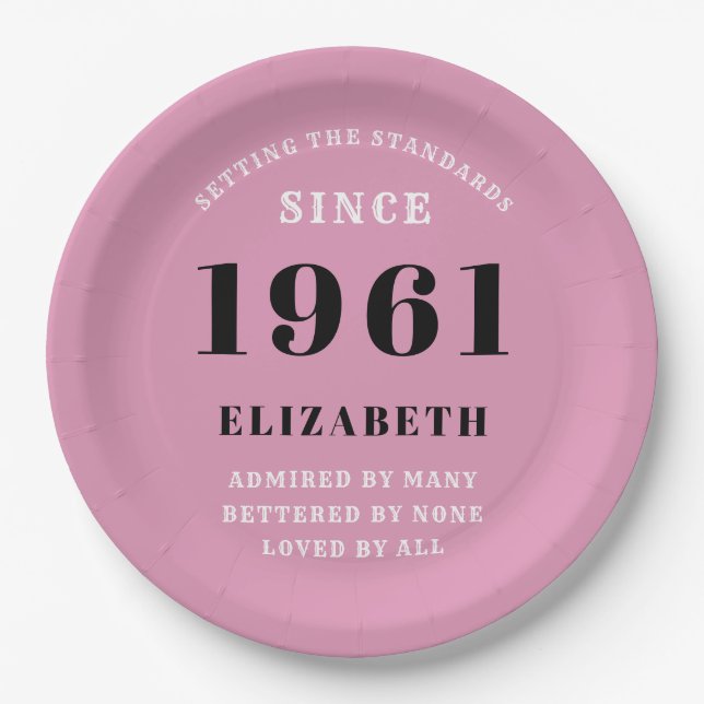 60th Birthday 1961 Pink Gold For Her Personalized Paper Plates (Front)