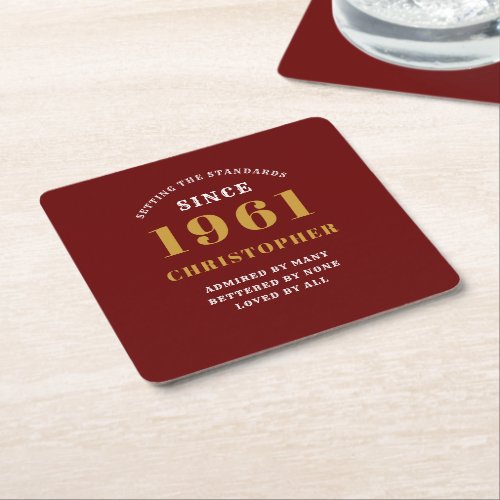 60th Birthday 1961 Red Gold For Him Personalized Square Paper Coaster