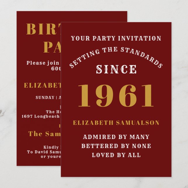 60th Birthday 1961 Red Gold Personalized For Her Invitation (Front/Back)