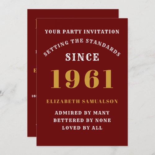 60th Birthday 1961 Red Gold Personalized For Her Invitation