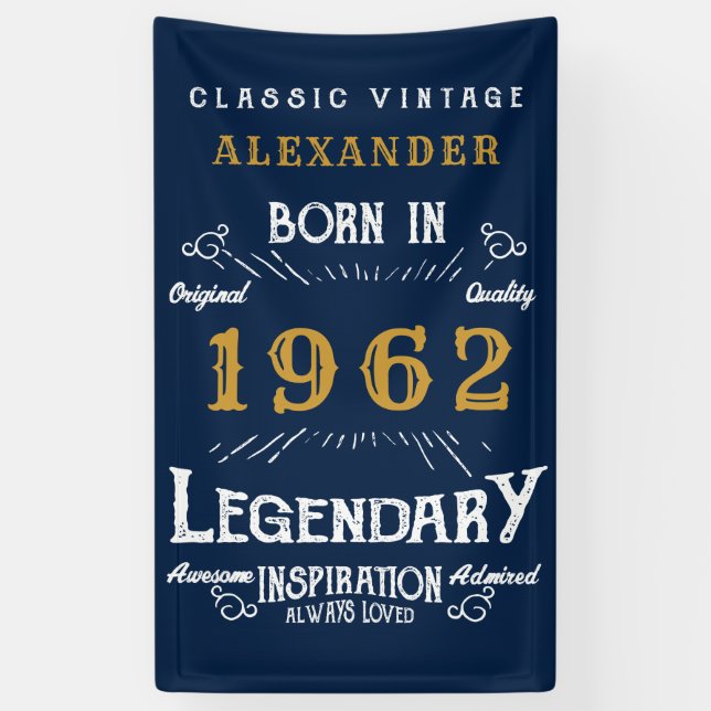 60th Birthday 1962 Add Name Blue Gold Legendary Banner (Vertical)