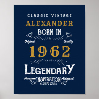 60th Birthday 1962 Add Name Legendary Blue Gold Poster