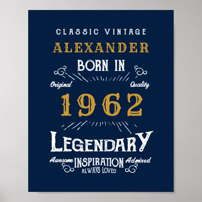60th Birthday 1962 Add Name Legendary Blue Gold Poster (Front)
