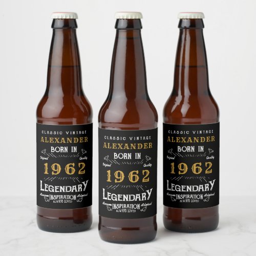 60th Birthday 1962 Add Name Vintage Black Gold Beer Bottle Label