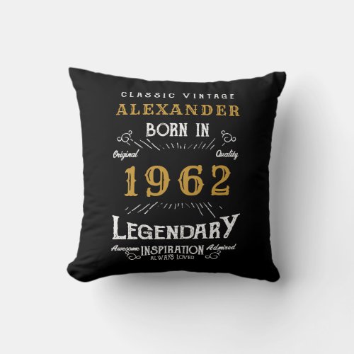 60th Birthday 1962 Black Gold Add Name Retro Throw Pillow