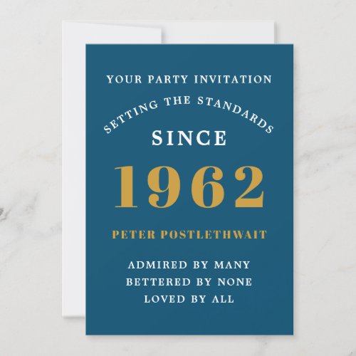 60th Birthday 1962 Blue Gold Elegant Chic Invitation