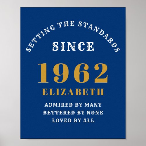 60th Birthday 1962 Elegant Blue Gold Chic Poster