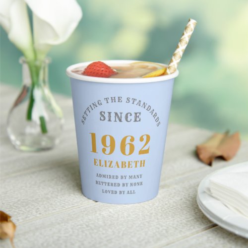 60th Birthday 1962 Elegant Blue Grey Gold Chic Paper Cups