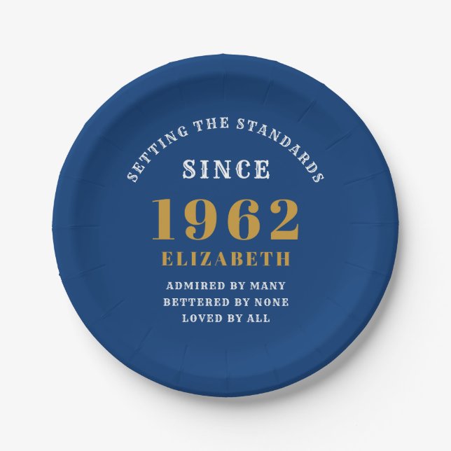 60th Birthday 1962 Elegant Chic Gold Blue Paper Plates (Front)